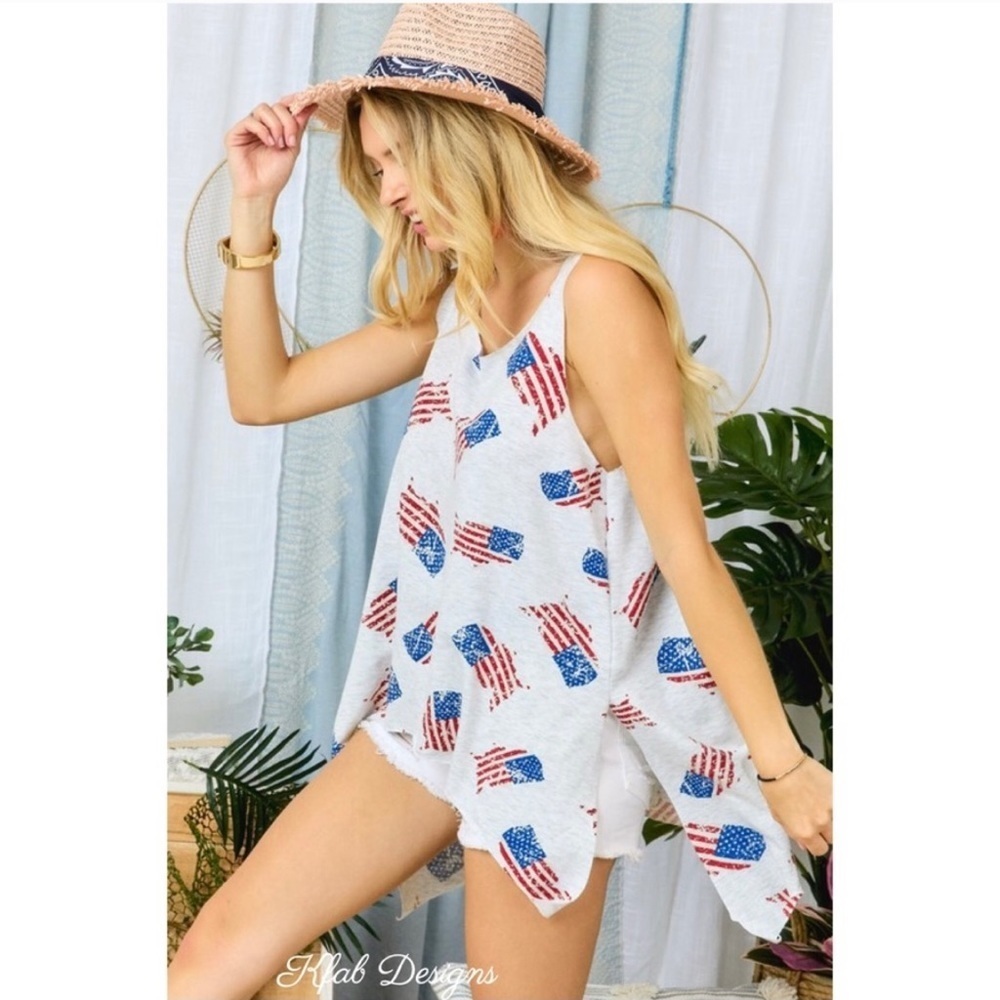 New! Sale 🔥 French Terry V Neck Flag Print Hi Lo Raw Hem Laser Cut Tank - Picture 2 of 9